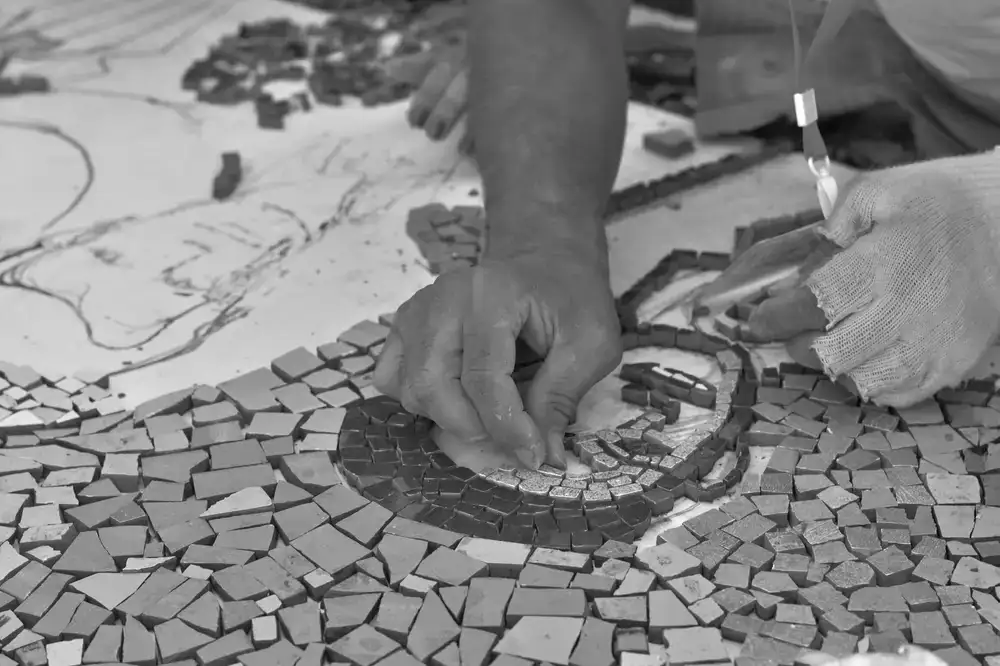 Close up of a large custom mosaic panel in progress